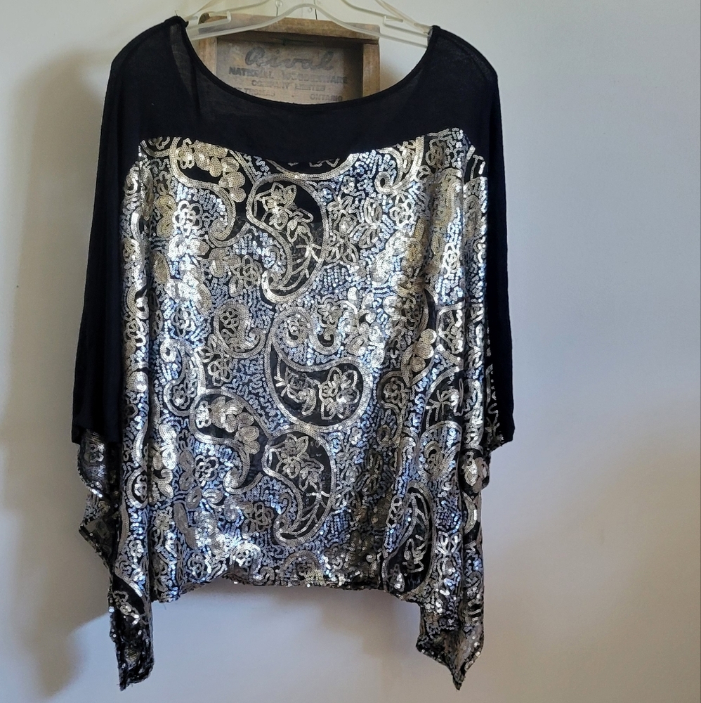 Silver and Black Asymmetrical Dolman Sleeve Top